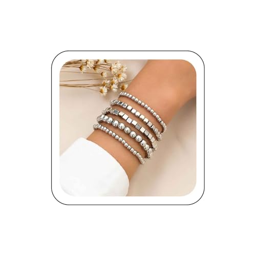Wendalern Silber Perlen Armbänder Set Stapeln Würfel Perlen Kette Armbänder Dehnbar Stränge Runde Perlen Armbänder Perle Ball Link Kette Armbänder Handgefertigt Elastische Hand Schmuck Für Frauen von Wendalern