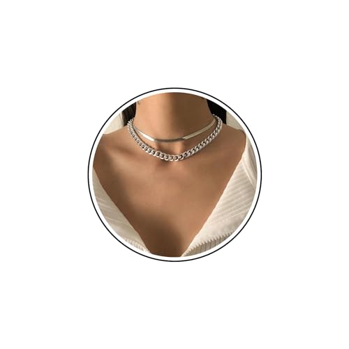 Wendalern Silberne Choker-Halskette Zierliche Kubanische Gliederkette Einfache Flache Schlangenketten-Halskette Mehrlagige Fischgräten-Halskette Hip-Hop-Schmuck Für Frauen Und Mädchen von Wendalern