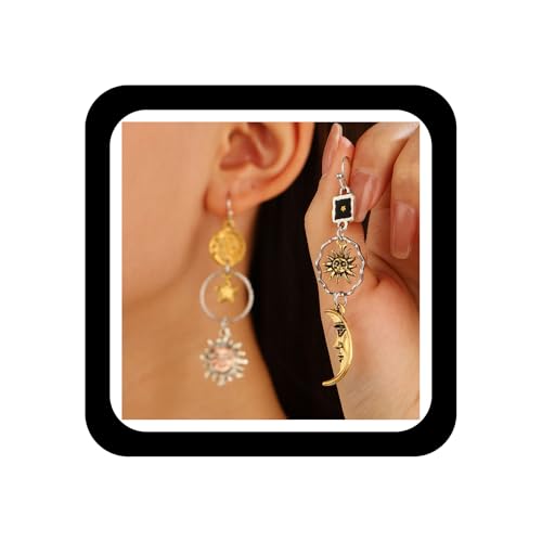 Wendalern Sonne Mond Stern Baumeln Ohrringe Asymmetrische Sonne Mond Tropfen Ohrringe Mismatch Sonnenschein Halbmond Haken Ohrstecker Runde Platz Aussage Ohrschmuck Schmuck Für Frauen von Wendalern