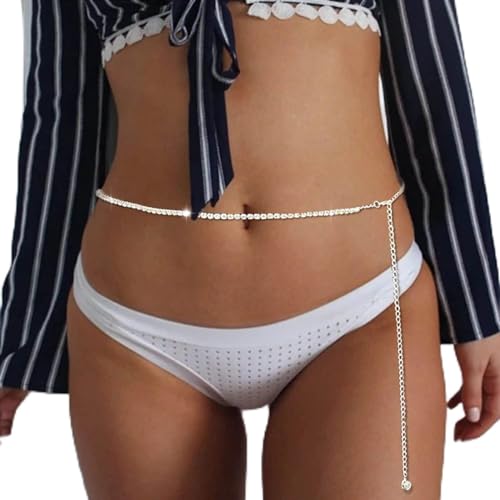 Wendalern Strass Taille Kette Silber Kristall Bauch Kette Sexy Bikini Körper Kette Lange Strass Taille Kette Gürtel Sommer Strand Körper Kette Rave Party Prom Körper Zubehör Schmuck Für Frauen Mädchen von Wendalern