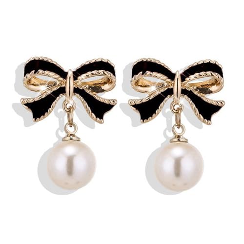 Wendalern Süße Perle Bogen Tropfen Ohrringe Schwarz Bowknot Band Ohrstecker Weiß Perle Bowtie Erklärung Ohrringe Weihnachten Partei Schmuck Für Frauen von Wendalern