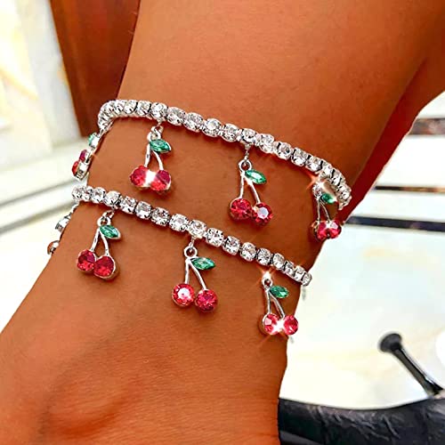 Wendalern Tennis Fußkettchen Gold Strass Kette Tennis Fußkettchen Zierlich Kristall Kirsche Fußkettchen Boho Diamant Frucht Anhänger Fußkettchen Strand Hochzeit Fußschmuck Für Frauen Mädchen von Wendalern