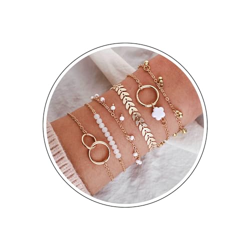 Wendalern Vintage Geschichtet Perle Armbänder Boho Stapelbar Kreis Armbänder Fischgräte Blume Blatt Armbänder Kette Gold Dünne Armband Set Einstellbar Schmuck Für Frauen Mädchen von Wendalern