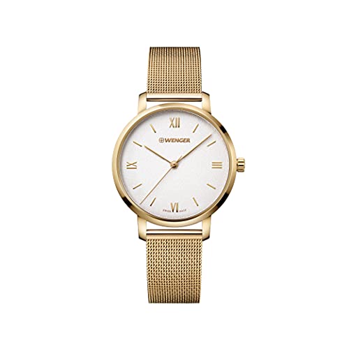 WENGER Damen Armbanduhr Metropolitan Donnissima Ø 38mm, Swiss Made, Analog Quarz, Wasserdicht bis 100m, Mesh-Armband, Gold/Silberweiß, 01.1731.107 von WENGER