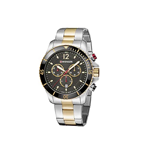 WENGER Herren Armbanduhr Seaforce Chronograph Ø 43mm, Swiss Made, Analog Quarz, Wasserdicht bis 200m, Edelstahl Armband, Schwarz/Gold/Silber, 01.0643.113 von WENGER