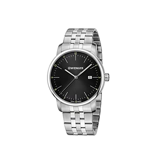 WENGER Herren Armbanduhr Urban Classic Ø 42mm, Swiss Made, Analog Quarz, Wasserdicht bis 100m, Edelstahl-Armband, Schwarz/Silber, 01.1741.122 von WENGER