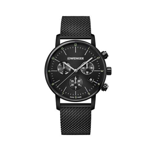 WENGER Herren Armbanduhr Urban Classic Chronograph Ø 44 mm, Swiss Made, Analog Quarz, Wasserdicht bis 100 m, Mesh-Armband, Schwarz, 01.1743.116 von WENGER