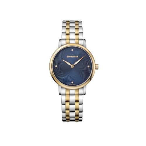 WENGER Damen Armbanduhr Urban Donnissima Ø 35mm, Swiss Made, Analog Quarz, Wasserdicht bis 100m, Edelstahl-Armband, Blau/Silber/Gold, 01.1721.103 von WENGER