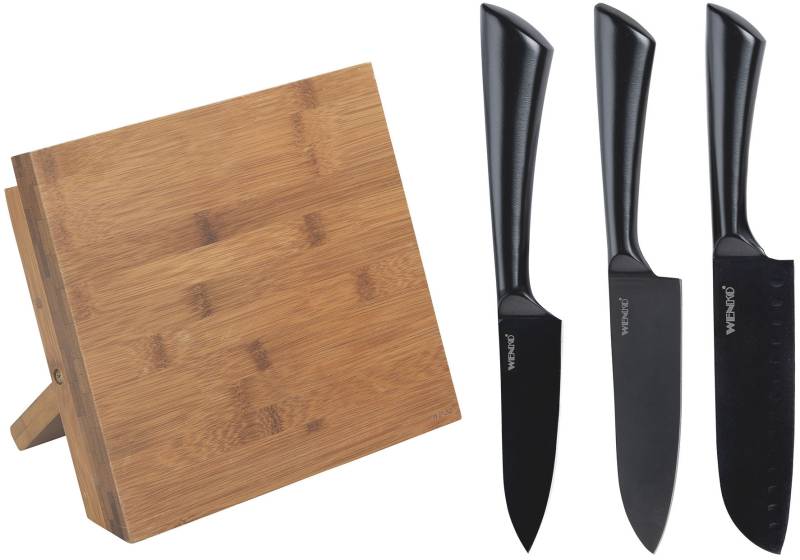 WENKO Magnet-Messerblock "Modell Mesina mit Messerset" 4 Stk. rostfreier Edelstahl und geräucherter Bambus, FSC-zertifiziert von Wenko