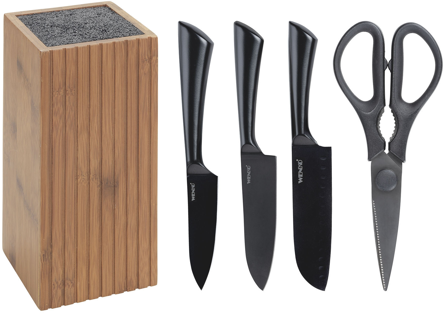 WENKO Messerblock "Modell Mera mit Messerset & Schere" 5 Stk. rostfreier Edelstahl und geräucherter Bambus, FSC-zertifiziert von Wenko