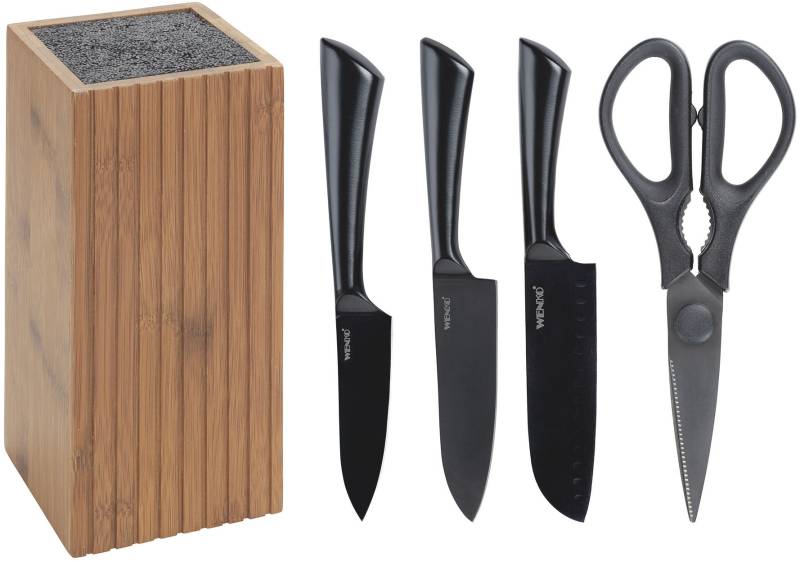 WENKO Messerblock "Modell Mera mit Messerset & Schere" 5 Stk. rostfreier Edelstahl und geräucherter Bambus, FSC-zertifiziert von Wenko