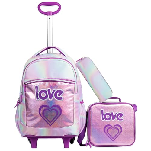 Wenlia Trolley Rucksack mit Rollen, Federmäppchen, Lunch Tasche 3 in 1 Leicht Rolling Schulranzen für Mädchen, Sparkling Schultaschen-Sets Ideal für Kinder Schüler der Klassen 2-6 von Wenlia