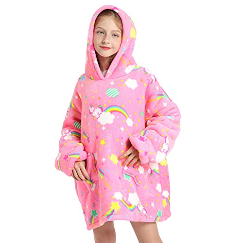 Wenlia Übergroße Hoodie Blanket für Mädchen, Kinder Flanell Sweatshirt Decke Kuschelpullover, Einhorn Warmer Pullover Tragbare Decke Eine Größe passt 7-13 Jahre alt von Wenlia