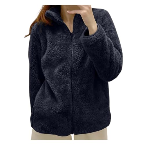 Damen Fleecejacke mit Durchgehendem Reißverschluss Stehkragen Damen Leichte Fleece Jacke Weiche Sweatjacke Teddyfleece Plüschjacke Komfortable Casual Pulli Outdoor Damenjacke für Wandern (02 Black, M) von Wenlzhnb