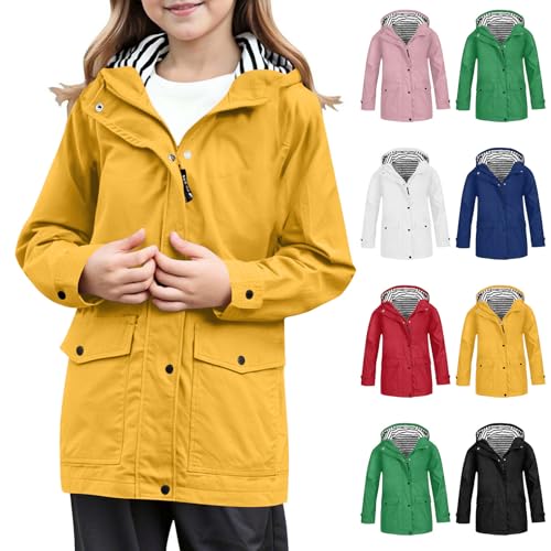 Regenjacke Kinder Unisex Übergangsjacke Mädchen Regenjacke Winddicht Regenmantel Windjacke Wasserdicht Windbreaker Kapuzenjacke mit Reißverschluss Taschen Outdoor Jacken für (#Yellow, 9-10 Years) von Wenlzhnb