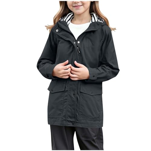 Regenjacke Kinder Unisex Übergangsjacke Mädchen Regenjacke Winddicht Regenmantel Windjacke Wasserdicht Windbreaker Kapuzenjacke mit Reißverschluss Taschen Outdoor Jacken für (Dark Gray, 13-14 Years) von Wenlzhnb