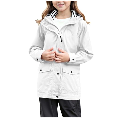 Regenjacke Kinder Unisex Übergangsjacke Mädchen Regenjacke Winddicht Regenmantel Windjacke Wasserdicht Windbreaker Kapuzenjacke mit Reißverschluss Taschen Outdoor Jacken für Kinder (White, 9-10 Years) von Wenlzhnb