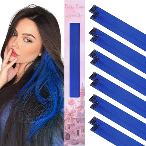 WENNALIFE 12 Stück Blau Haarsträhnen Zum Einklipsen Haarsträhnen Kinder, Clip in Haar Extensions Bunte Haarsträhnen Kinder Haare zum Einflechten Mädchen Gerade Party Haarverlängerungen Zubehör von Wennalife