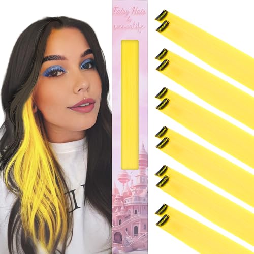 WENNALIFE 12 Stück Gelb Haarsträhnen Zum Einklipsen Haarsträhnen Kinder, Clip in Haar Extensions Bunte Haarsträhnen Kinder Haare zum Einflechten Mädchen Gerade Party Haarverlängerungen Zubehör von Wennalife