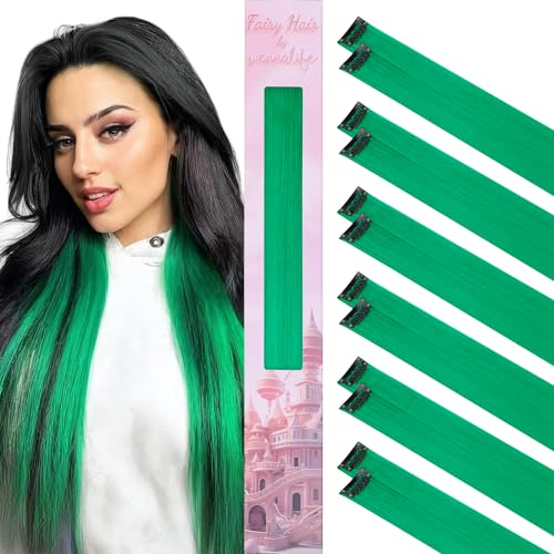 WENNALIFE 12 Stück Grün Haarsträhnen Zum Einklipsen Haarsträhnen Kinder, Clip in Haar Extensions Bunte Haarsträhnen Kinder Haare zum Einflechten Mädchen Gerade Party Haarverlängerungen Zubehör von Wennalife