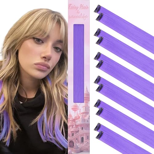 WENNALIFE 12 Stück Hellviolett Haarsträhnen Zum Einklipsen Haarsträhnen Kinder, Clip in Haar Extensions Bunte Haarsträhnen Kinder Haare zum Einflechten Mädchen Gerade Party Haarverlängerungen Zubehör von Wennalife