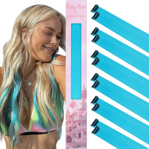 WENNALIFE 12 Stück Himmelblau Haarsträhnen Zum Einklipsen Haarsträhnen Kinder, Clip in Haar Extensions Bunte Haarsträhnen Kinder Haare zum Einflechten Mädchen Gerade Party Haarverlängerungen Zubehör von Wennalife