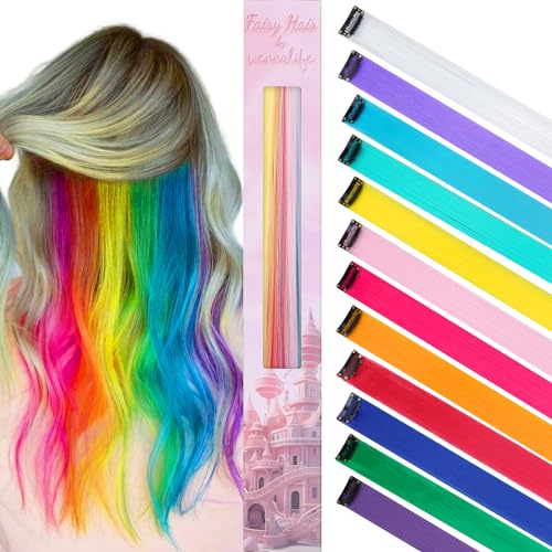 WENNALIFE 12 Stück Rainbow Haarsträhnen Zum Einklipsen Haarsträhnen Kinder, Clip in Haar Extensions Bunte Haarsträhnen Kinder Haare zum Einflechten Mädchen Gerade Party Haarverlängerungen Zubehör von Wennalife