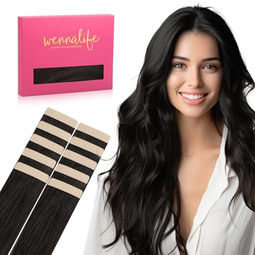 WENNALIFE Echthaar Tape Extensions Natürliches Schwarz 10pcs 25-65cm 30g Invisible Haarverlängerung Echthaar Unsichtbare Glatt Extensions Tape Nachfüllpackung für Mädchen von Wennalife