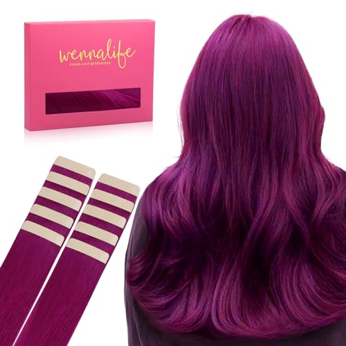 WENNALIFE Echthaarverlängerung Violett 10pcs Tape in Extensions 30g 55cm Invisible Haarverlängerung Echthaar Unsichtbar Glatt Echthaar Extensions Tape Highlight für Mädchen von Wennalife