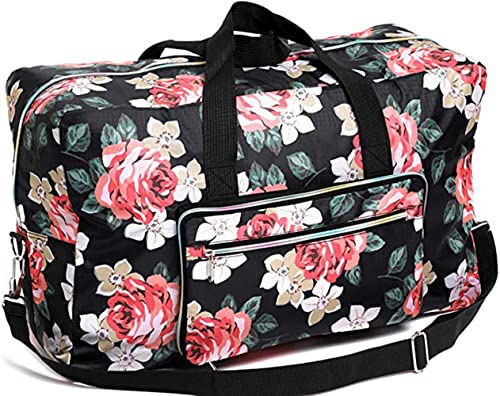 Frauen Groß Faltbare Reisetasche Damen Weekender Übernachtung Duffel Taschen für Mädchen Kinder (Black Rose) von Wennmole