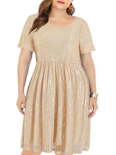 Wenrine Damen Große Größen Kleid mit Pailletten Plus Size Abendkleider A Line Partykleid Hochzeit Festlich Cocktailkleid,Champagner,XL von Wenrine