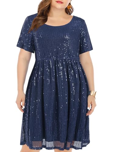 Wenrine Damen Große Größen Kleid mit Pailletten Plus Size Abendkleider A Line Partykleid Hochzeit Festlich Cocktailkleid,Dunkelblau,L von Wenrine