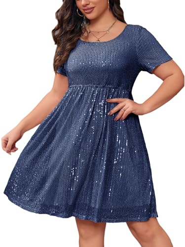 Wenrine Damen Große Größen Kleid mit Pailletten Plus Size Abendkleider A Line Partykleid Hochzeit Festlich Cocktailkleid,Dunkelblau,XL von Wenrine