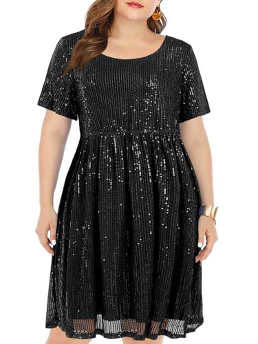 Wenrine Damen Große Größen Kleid mit Pailletten Plus Size Abendkleider A Line Partykleid Hochzeit Festlich Cocktailkleid,Schwarz,3XL von Wenrine