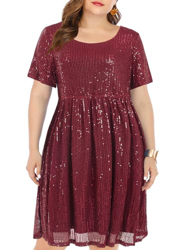 Wenrine Damen Große Größen Kleid mit Pailletten Plus Size Abendkleider A Line Partykleid Hochzeit Festlich Cocktailkleid,Weinrot,3XL von Wenrine