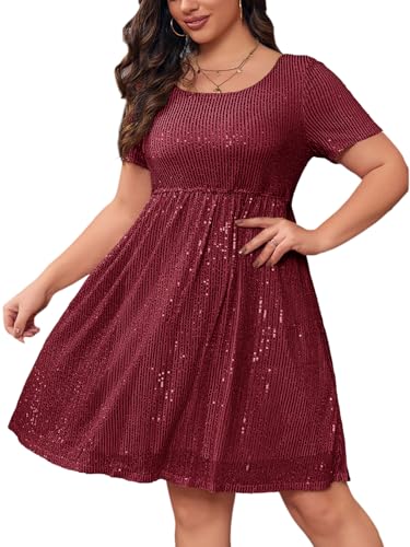 Wenrine Damen Große Größen Kleid mit Pailletten Plus Size Abendkleider A Line Partykleid Hochzeit Festlich Cocktailkleid,Weinrot,L von Wenrine