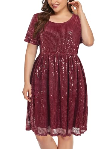 Wenrine Damen Große Größen Kleid mit Pailletten Plus Size Abendkleider A Line Partykleid Hochzeit Festlich Cocktailkleid,Weinrot,XL von Wenrine