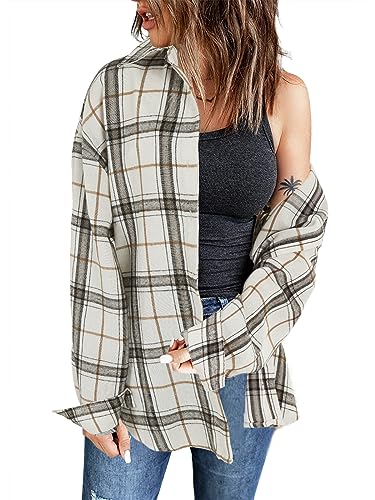 Wenrine Damen Karierte Bluse Langarm V-Ausschnitt Hemd Button Down Hemdjacke Flanell, Beige, M von Wenrine