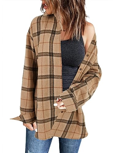 Wenrine Damen Karierte Bluse Langarm V-Ausschnitt Hemd Button Down Hemdjacke Flanell, Hellbraun, L von Wenrine