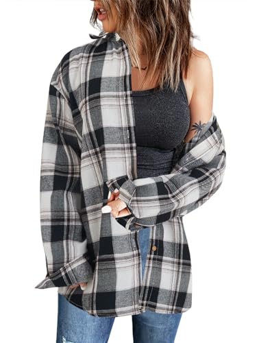 Wenrine Damen Karierte Bluse Langarm V-Ausschnitt Hemd Button Down Hemdjacke Flanell, Schwarz und Weiß, L von Wenrine