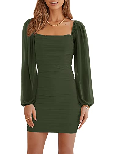 Wenrine Damen Kleider Party Cocktail Club Bodycon Kleid Hochzeitsgast Mesh Langarm Square Neck Minikleid Slim Fit(Armee Grün,S) von Wenrine