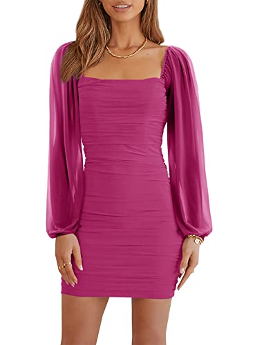 Wenrine Damen Kleider Party Cocktail Club Bodycon Kleid Hochzeitsgast Mesh Langarm Square Neck Minikleid Slim Fit(Rosarot,L) von Wenrine