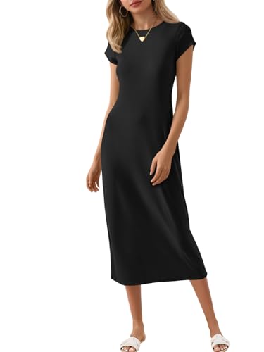 Wenrine Damen Kurzarm T-Shirt Kleid Sommer Rundhals Basic Solid Casual Lang Midi Kleider, Schwarz, Mittel Wenrine Damen Kurzarm T-Shirt Kleid Sommer Rundhals Basic Solid Casual Lang Midi Kleider, Schwarz, Mittel von Wenrine
