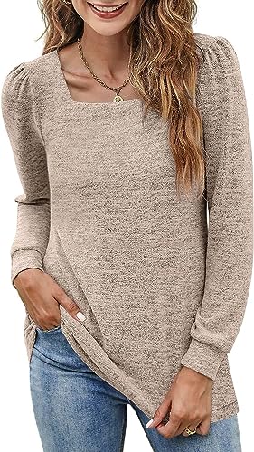 Wenrine Damen Langarmshirt U Ausschnitt Puffärmel Oberteil Basic Casual Einfarbig, Khaki, L von Wenrine