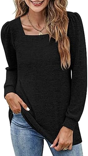 Wenrine Damen Langarmshirt U Ausschnitt Puffärmel Oberteil Basic Casual Einfarbig, Schwarz, M von Wenrine