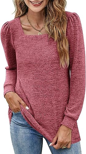 Wenrine Damen Langarmshirt U Ausschnitt Puffärmel Oberteil Basic Casual Einfarbig, Weinrot, L von Wenrine