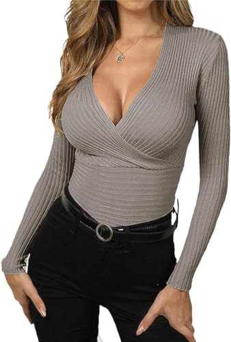 Wenrine Damen Langarmshirt V-Ausschnitt Wickel Sexy Pullover Slim Fit Gerippt Oberteile, Dunkel Khaki, XL von Wenrine