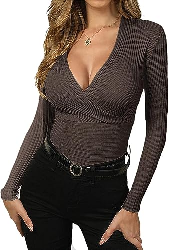 Wenrine Damen Langarmshirt V-Ausschnitt Wickel Sexy Pullover Slim Fit Gerippt Oberteile, Kaffee, L von Wenrine