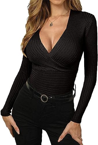 Wenrine Damen Langarmshirt V-Ausschnitt Wickel Sexy Pullover Slim Fit Gerippt Oberteile, Schwarz, S von Wenrine