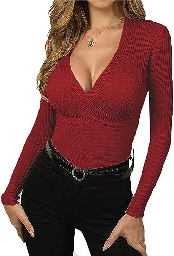 Wenrine Damen Langarmshirt V-Ausschnitt Wickel Sexy Pullover Slim Fit Gerippt Oberteile, Weinrot, L von Wenrine